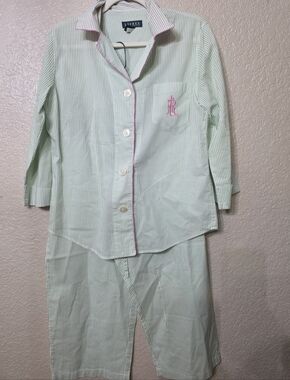 Ralph Lauren Mint Green Pinstripe Womens Pajama Set with Pink Trim